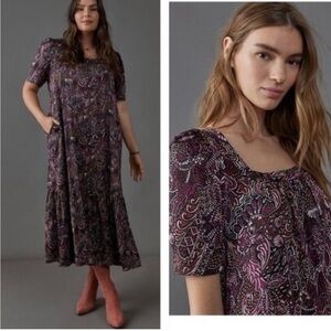 Maeve Purple Printed Puff Sleeve Midi Dress Square Neck Boho Satin